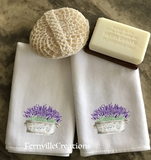 Set Of Two - Lavender Floral Fingertip Towels, Hand Bathroom Velour Guest Housewarming Gift