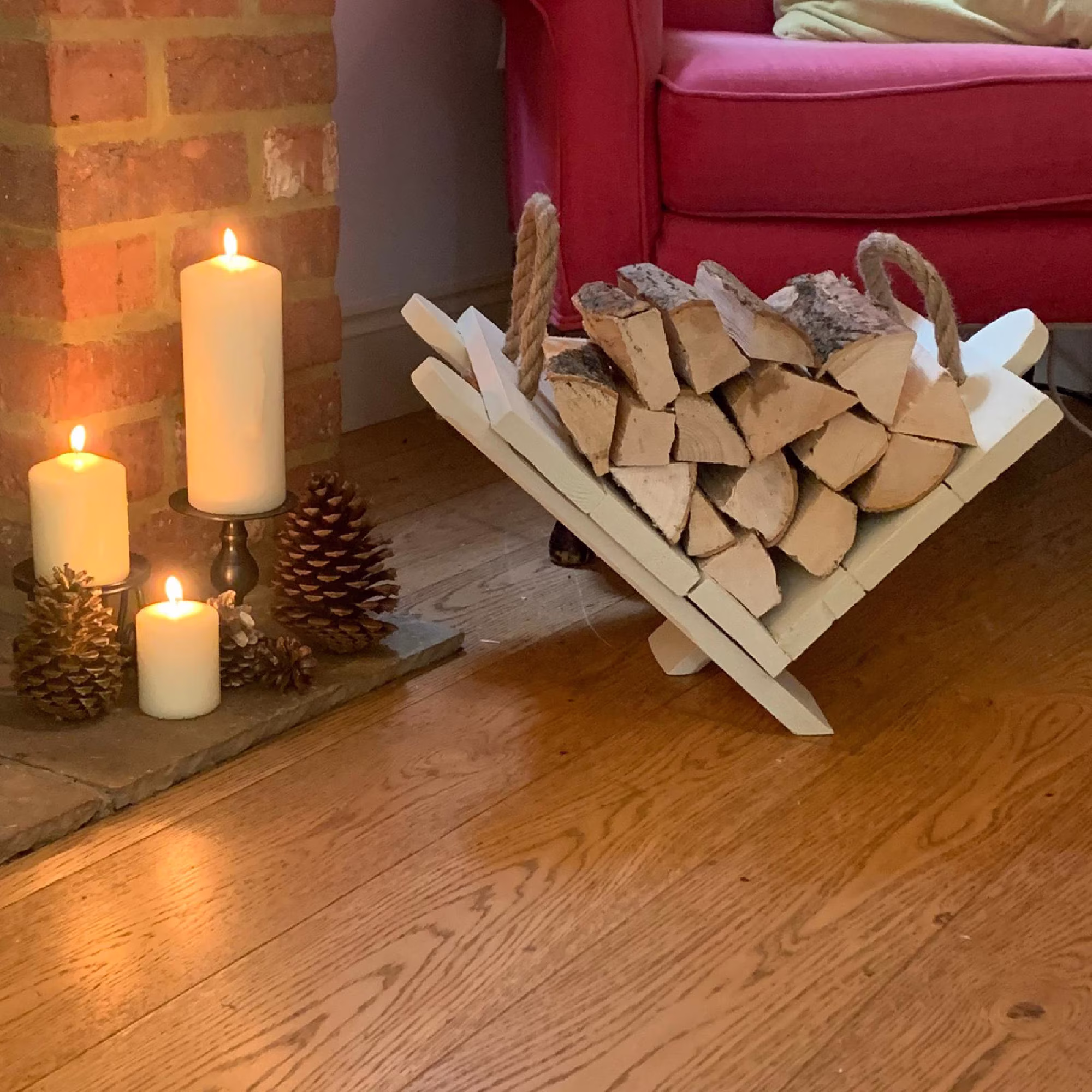 Rustic Wood Log Basket For Fire With Rope Handles Painted in Off White | Cream Colour Perfect Storage Wood Your