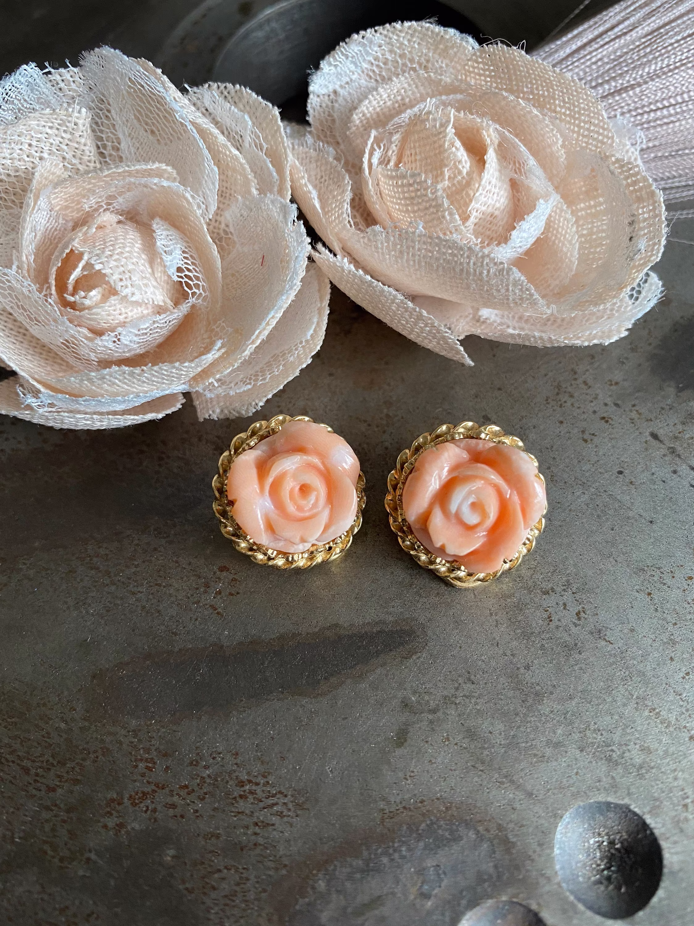 Vintage Carved Coral Rosette & 14Kt Yellow Gold Earrings, Rose Antique Earring, Carved