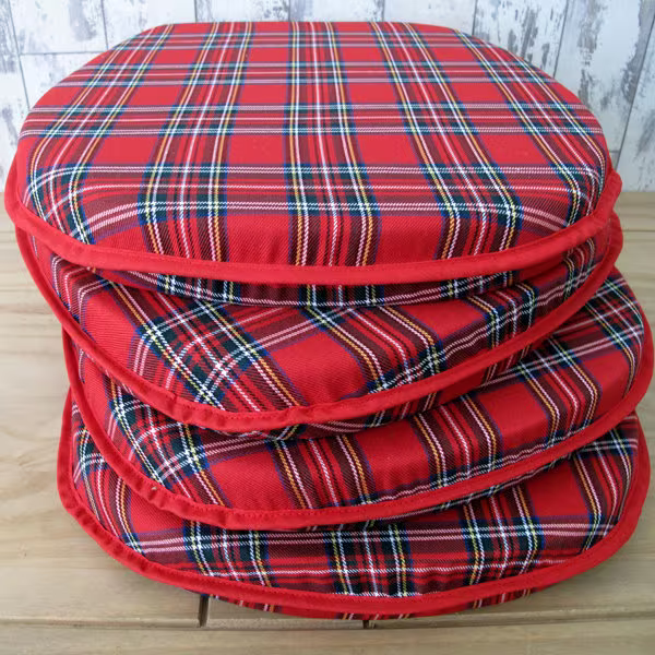 Set Of 4, 6 Or 8 Red Tartan Check Classic D Seat Pads, Chair Red Check Kitchen Chair Pad. Bistro, Bar Patio Seat