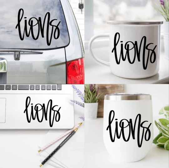 Lions Decal, School Mascot Coffee Mug Helmet Wine Glass Laptop Car Vehicle Decal