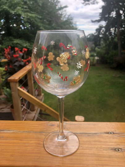 Hand Painted Christmas Gingerbread & Candy Cane Wine Glass