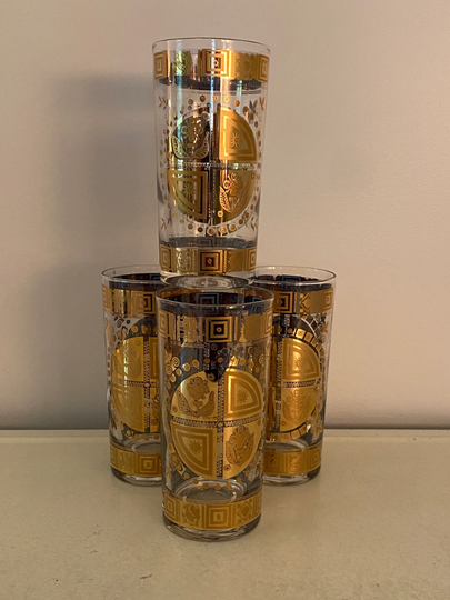 Classic Vintage Mcm Culver Gold Medallion Highball Drinking Glasses