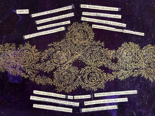 Sonnet 116 Collage - Original Art - Cxvi - 19x13 - Purple, Gold - Poetry Painting