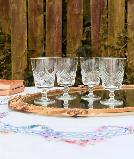 Crystal Wine Glasses, Vintage Drinking Cut Glass, Glassware, 1980S Liqueur Celebration Set Of 4