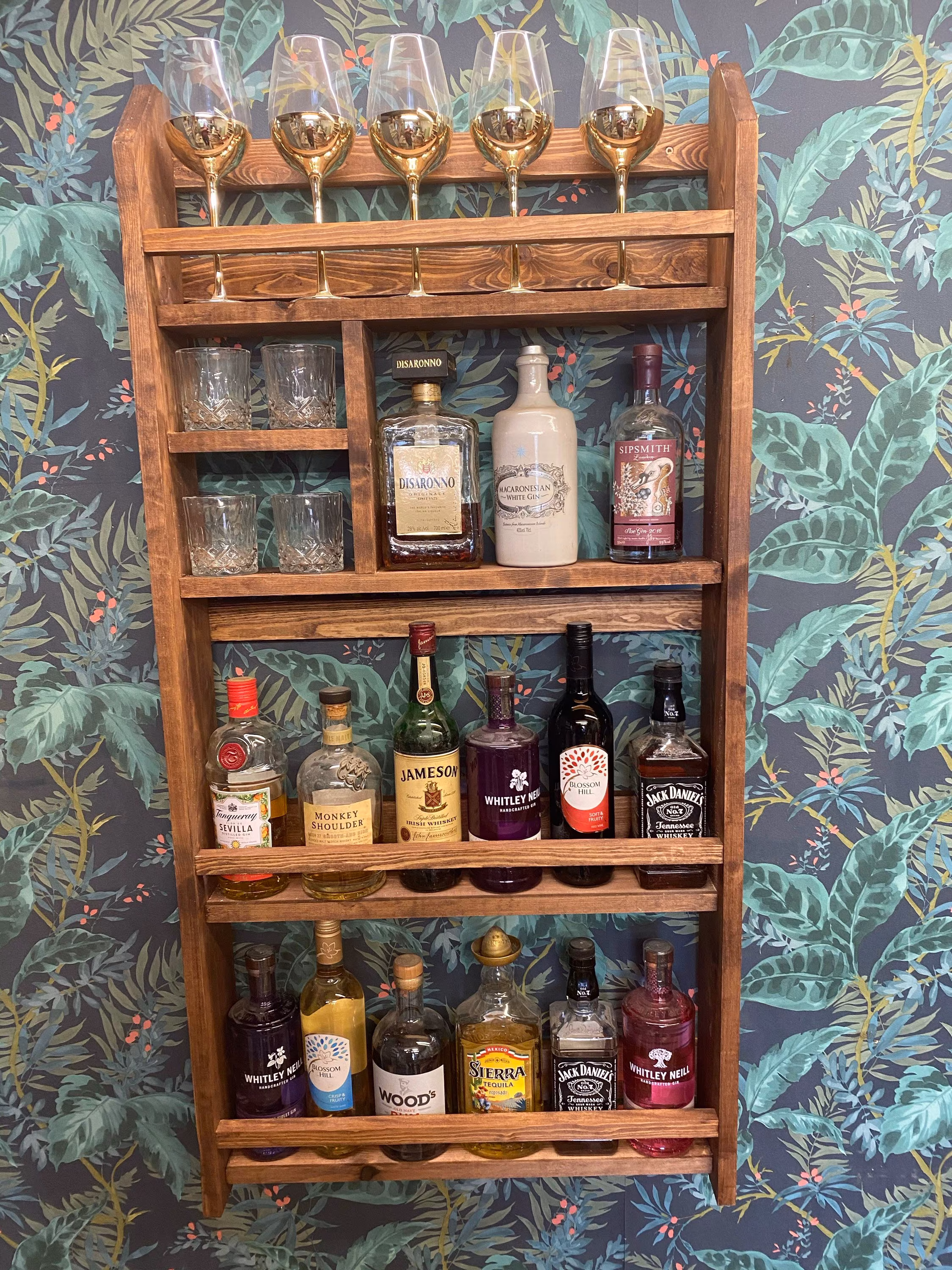 Outside Bar Wall Mounted Pine Handcrafted Drinks Rack Spirits With Glass & Bottle Shelves Great Present