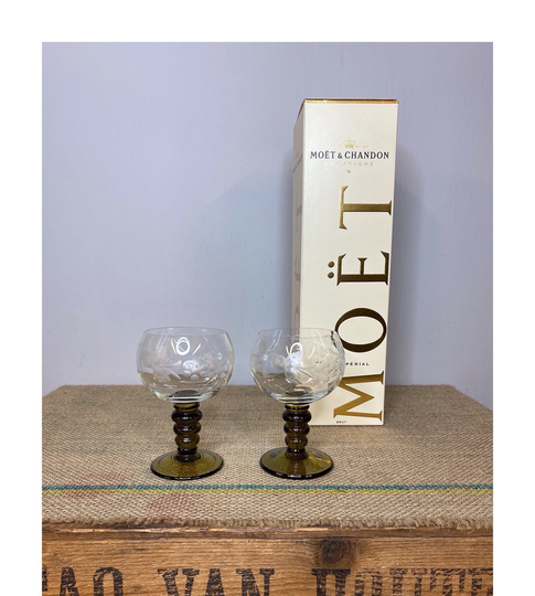 Pair Of Vintage Romer Edelglas Wine Glasses With Etched Grapevine
