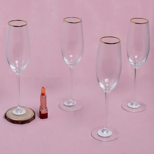 G Decor Set Of 4 Aurora Clear Ribbed Textured Gold Rim Champagne Flutes Drinking Glasses