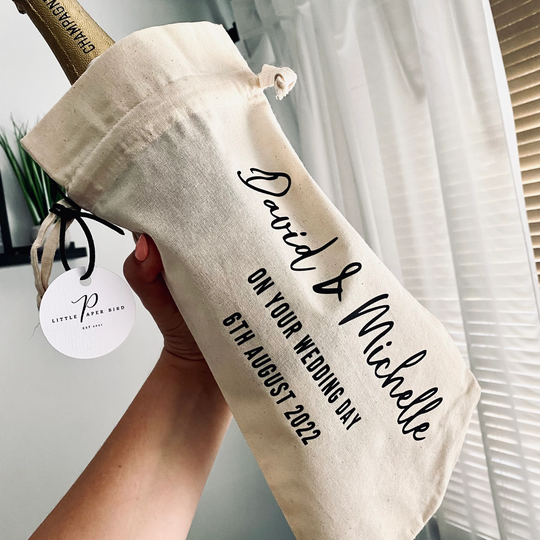 Personalised Cotton Fabric Bottle Gift Bag | Gift Bag For Bottle, Anniversary Gift, Wedding Birthday Bag, Wine Bottle
