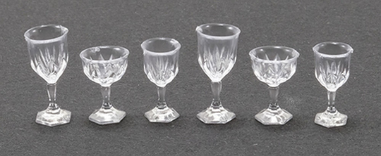 Dollhouse Miniature Six Piece Diamond Cut Stemware in Clear By Chrysnbon