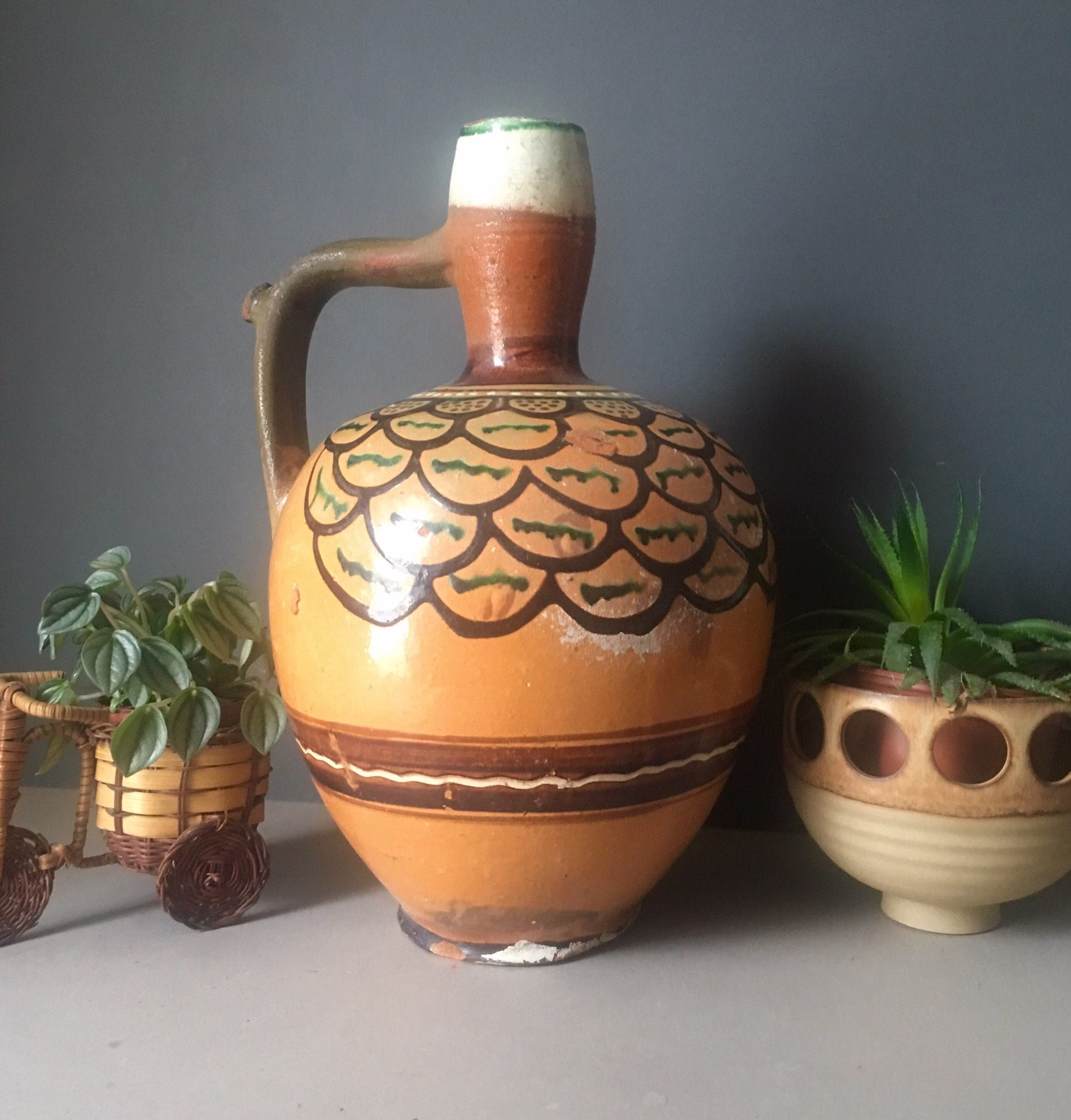 Antique Red Clay Jug Vase, Large Bulgarian Slipware Pottery Water/Wine Flask 36 cm