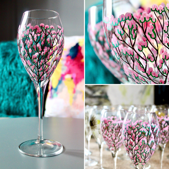 Cherry Blossom Personalised Wine Glass, Hand Painted, Flower Design, Gift For Her, Birthday