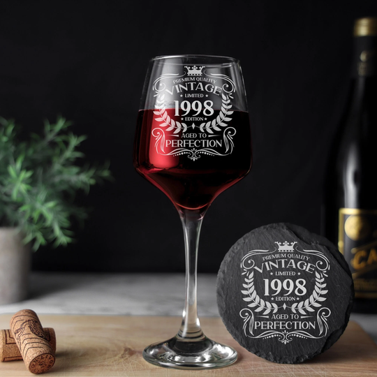 Vintage 1998 Engraved Wine Glass - 25Th Birthday Aged To Perfection 25 Year Old Gifts Red White Rose & Coaster Set