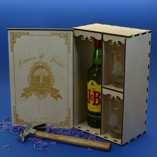 Personalized Wedding Ceremony Spirits Box With 2 Custom Etched Glasses