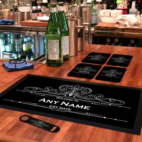 Personalised Bar Runner Mat, Matching Bottle Opener & 4 X Drinks Coasters Gift Set|Accessories For Home Bars|Brs-Di016-1|Add Any Name/Text