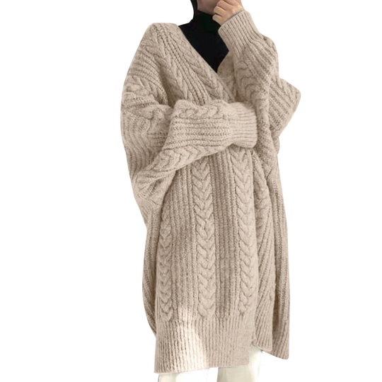 Womens Chunky Knit Cable Cardigan | Fluffy Warm Autumn Winter Outfit Longline Hooden Cape Slow Afternoon Xmas Gifts For Her