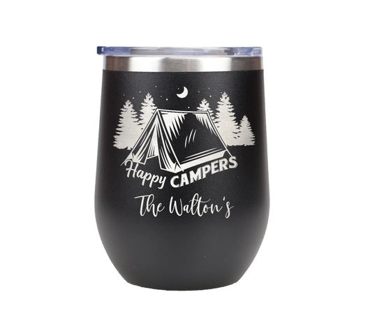 Personalized Happy Camper 12 Oz Insulated Wine Tumbler, Drinker Camping Gift, Tumbler