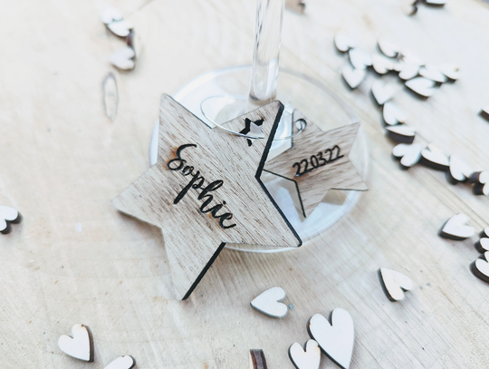 Personalised Rustic Star Wine Glass Charms - Wooden Personalised Wine Charm With Name & Date