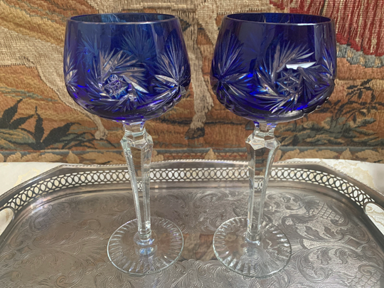 Vintage Bohemian Hand Cut Cobalt Blue Wine Goblets, Crystal Glasses