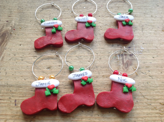 6 Christmas Stocking Wine Glass Charms Personalised Handmade Dinner Party Xmas