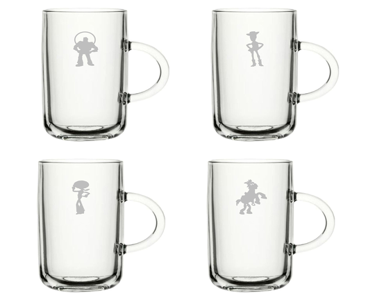 Toy Story Woody, Buzz, Bullseye, Jesse Set Of 4 Tea Glasses Mug Coffee Glass - Hand Etched Glass