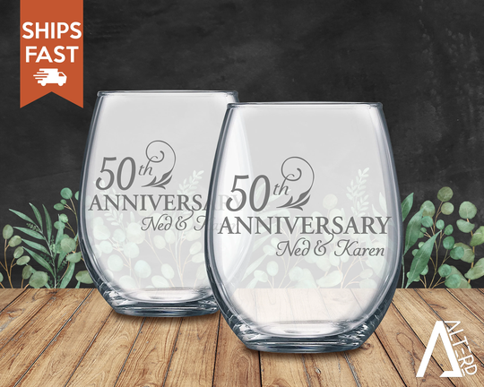 Personalized Anniversary Wine Glasses, Gifts For Couples, Gifts, 50Th Free Shipping