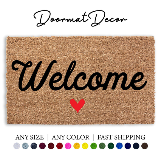 Welcome Red Heart Doormat, Flocked Coir Outdoor Mat Rug, Doormat With Border Mat, Entryway Decor