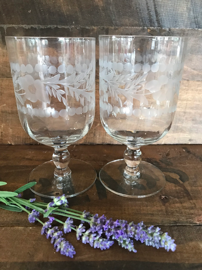 Vintage Crystal Flower & Vine Etched Optic Pedestal Water Or Wine Goblets 1930/1940's