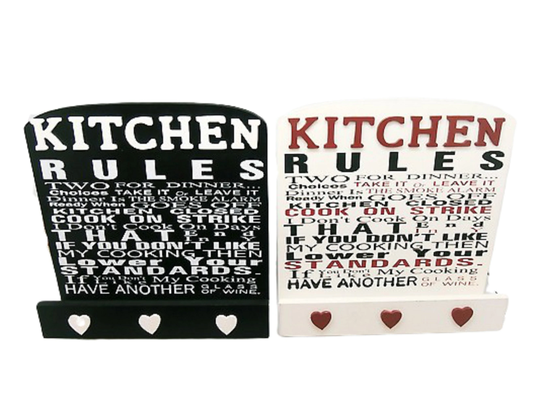 Cookbook Stand Holder Kitchen Rules Plaque Recipe Cards Book Rest 3D Raised Word Choice Or Either Black Cream Wooden