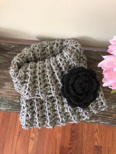 Gray Tweed Chunky Cowl Endless Loop Scarf Neck Warmer With Removable Large Flower Statement Brooch