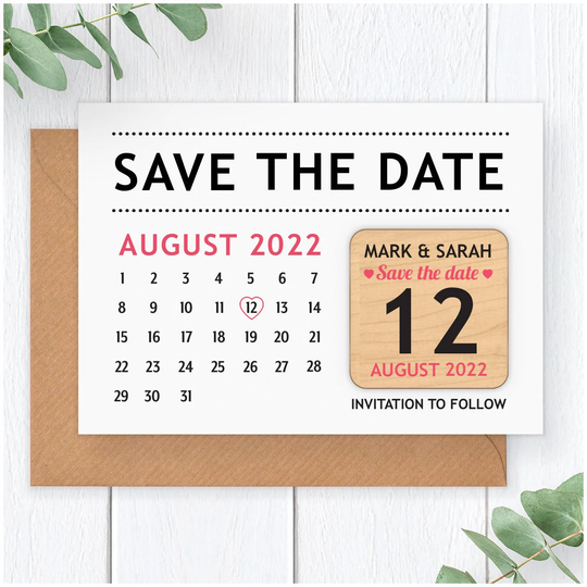 Typography Wedding Save The Date Fridge Magnet - Personalised Modern Calendar Black White Card Wooden