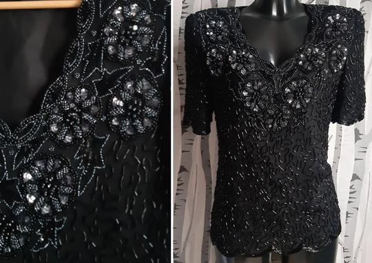 Vintage Sequin & Beaded Short Sleeved Top By Kuku. 1980S Vintage Sparkles Disco Top. Amazing Sparkly Glitter Evening Party Size 10/12