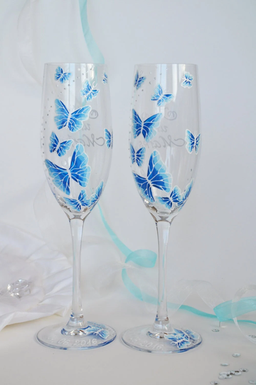 Hand Painted Wedding Toasting Flutes Set Of 2 Personalized Champagne Glasses White & Blue Butterflies Love Flight
