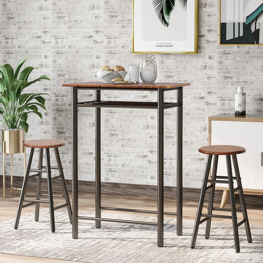 3 Pieces Bar Table Set, Modern Pub Table And Chairs Dining Set, Kitchen Counter Height Dining Table Set With 2 Bar Stools, Built In Storage Layer, Eas