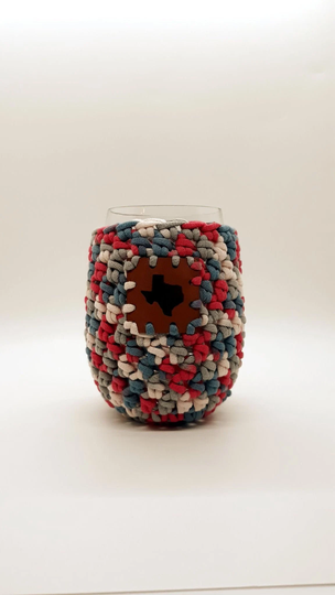 Crochet Stemless Wine Glass Cozy in Red, White, Blue, Grey With Texas Vegan Leather Patch