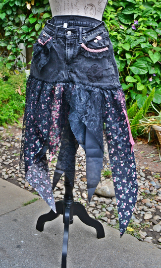 Black Levi Straus Denim Jeans, Pink Floral & Lace, Pixie Hem Festival Skirt