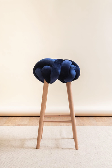 Midnight Blue Velvet Knot Bar Stool, Design Chair, Modern Industrial Wood Bar Velvet Stool