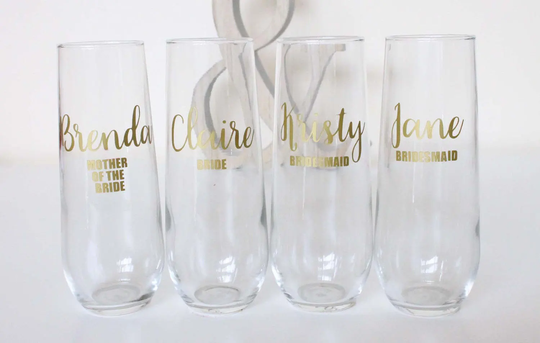 Personalised Bridal Party Gift, Bridesmaids Gifts, Wedding Glasses, Champagne Flutes, Stemless Wine Glass