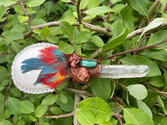 Jaguar & Eagle Shamanic Ceremonial Maraca With Large Lemurian Quartz Crystal Handle