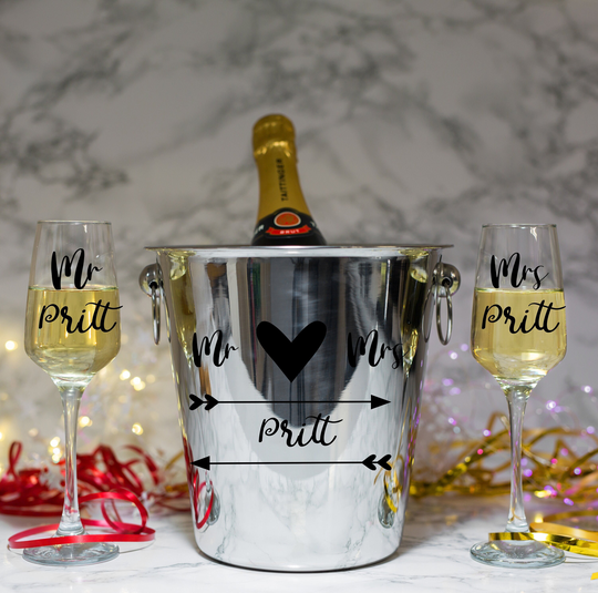 Personalised Mr & Mrs, & Mr, Mrs Ice Bucket With Matching Champagne Glasses | Wedding Gift Anniversary Engagement