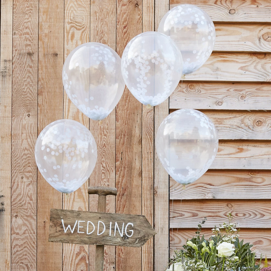 5 White Confetti Balloons, Wedding Decorations, Baby Shower Balloon Decor, Birthday Decor