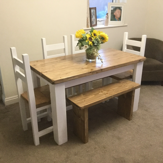 Beautiful Hand Crafted Dining Table 4 Chairs & A Bench