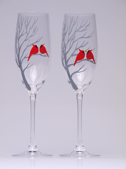 Hand Painted Decoration Wedding Toasting Flutes Set Of 2 Personalized Champagne Glasses Red Cardinals On Branch
