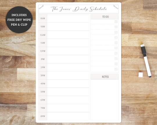 Family Daily Schedule Planner Whiteboard - Large A3 Write & Wipe Clean Organiser Personalised Time Slot Dry