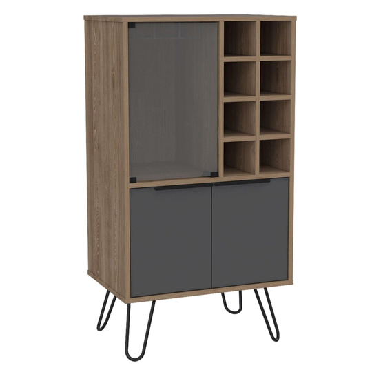 Two Tone Bleached Oak Wine Cabinet and Grey Door Storage 8 Wine Glass Rack