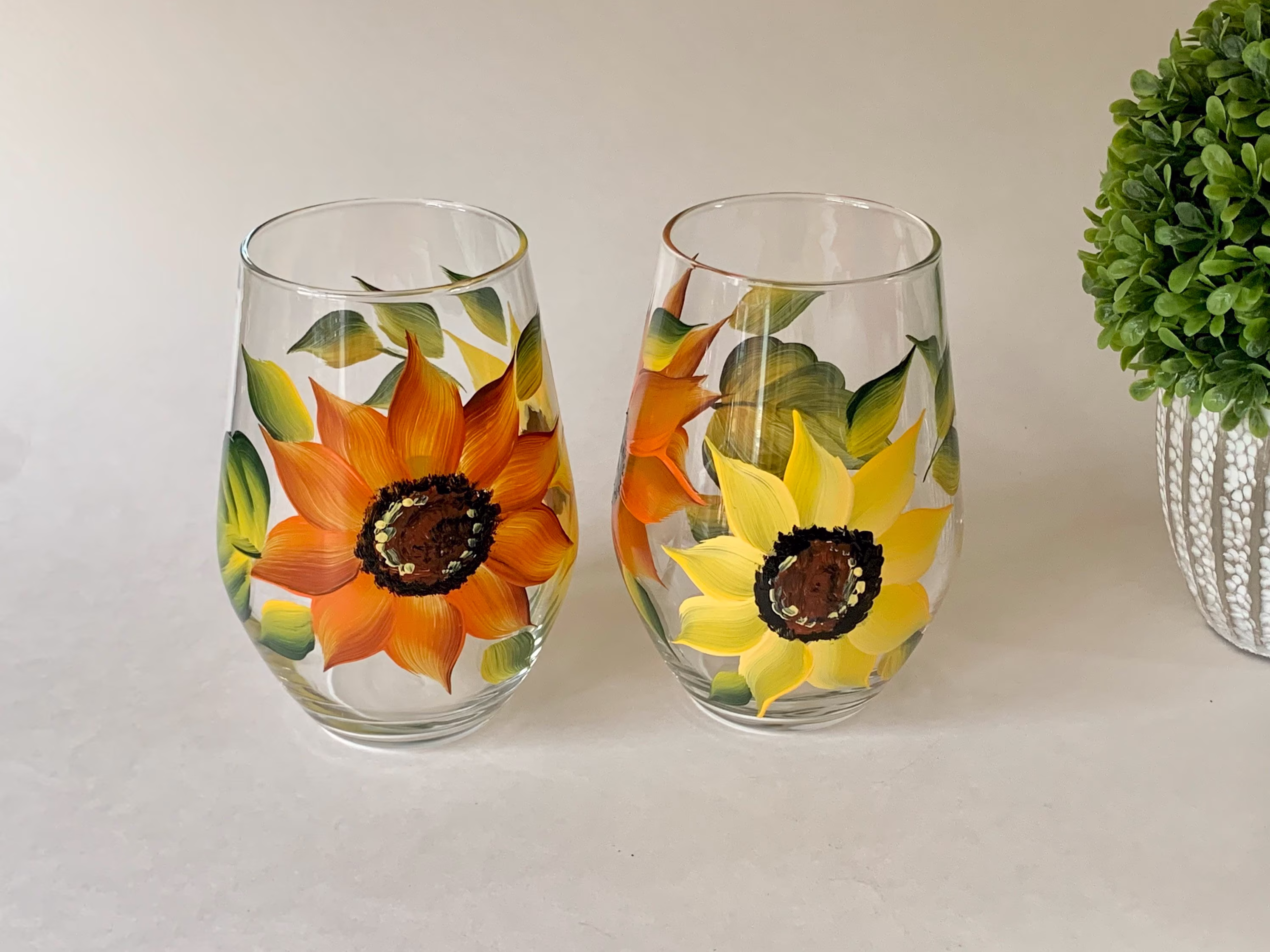 Stemless Painted Wine Glasses Orange & Yellow Sunflowers, 21St Birthday Gift For Her, Step Mom Gift, 10Th Anniversary