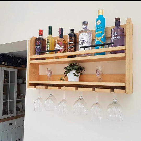 Premium Solid Pine Wall Mounted Handcrafted Gin Rack With Glass & Bottle Shelves Copper T-Bar Great Gift Finished Photo Light Oak