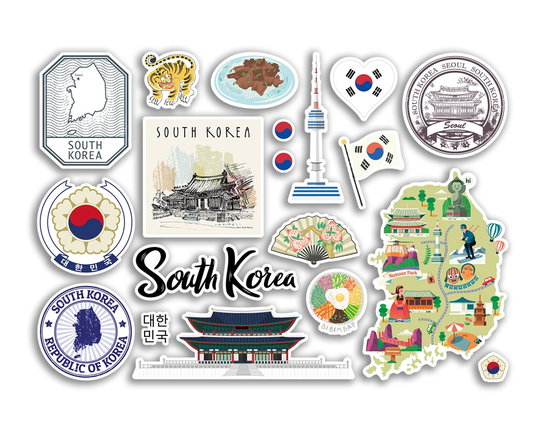 A5 Sticker Sheet South Korea Landmarks Vinyl Stickers - Country Map Airport Stamps Skyline Flag Travel Holiday Scrapbook Aesthetic #79023