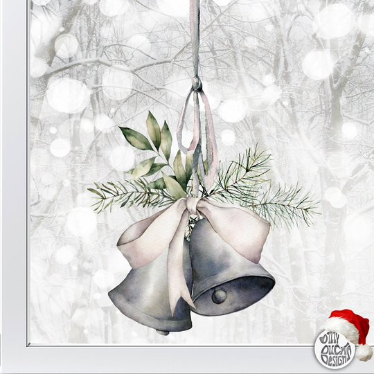 Christmas Window Cling - Vintage Bells Bow Decal Winter Sticker Decoration By Dizzy Duck