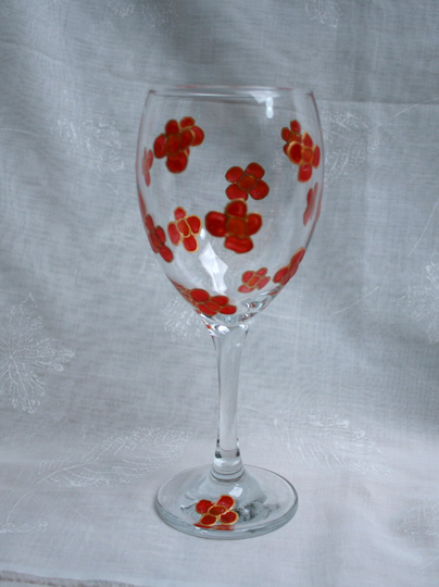 Blossom ~ Red & Gold. An Exclusive Design Featuring A Multitude Of Hand Painted, Red Blossoms Encasing Wine Glass